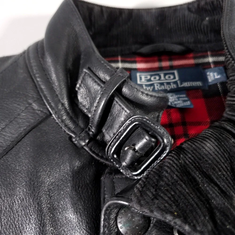 Vintage Polo Ralph Lauren Black Leather Field Barn Jacket L Wool Plaid Lined